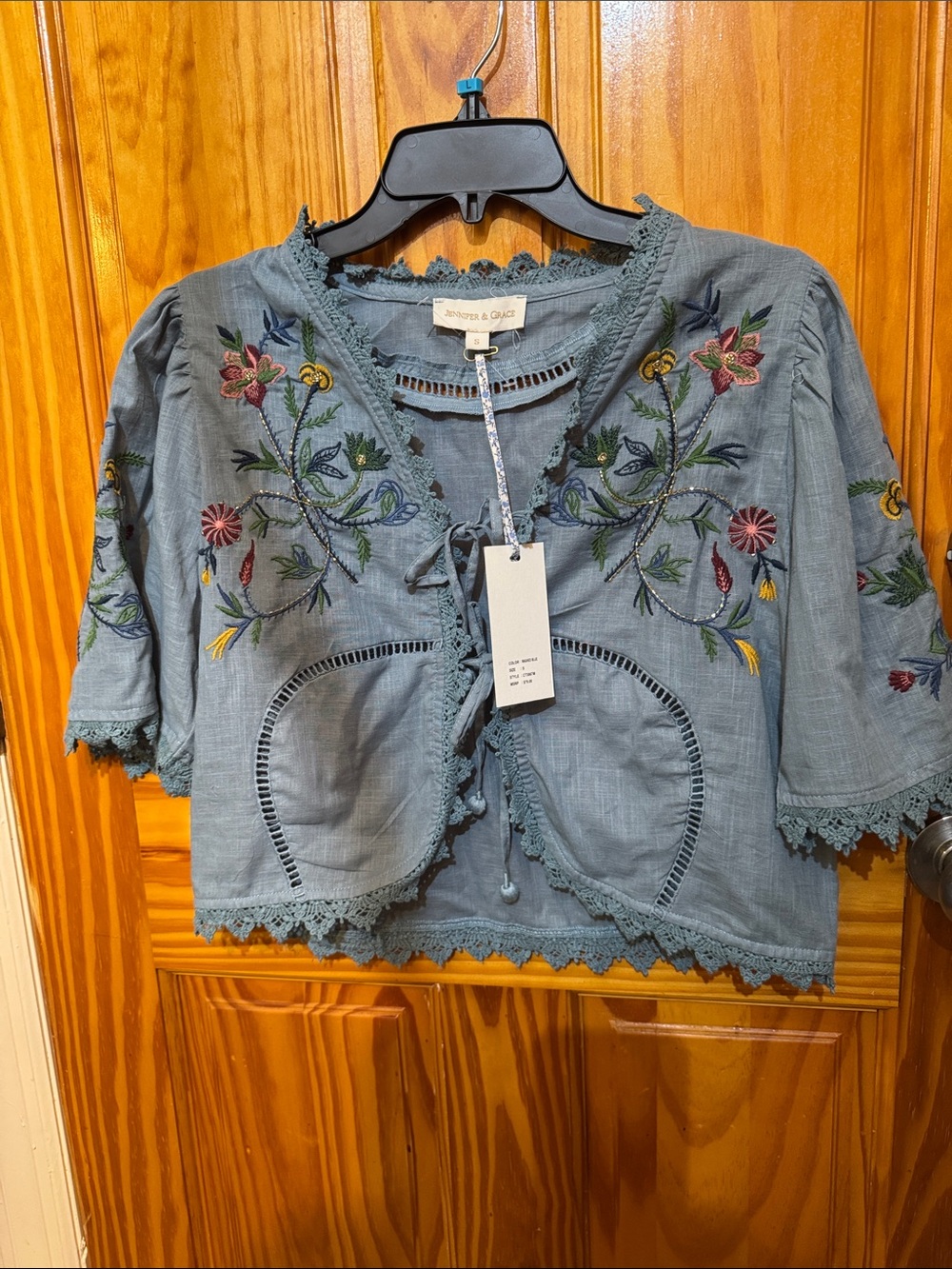Jenni Dusty Blue Embroidered Tie-Front Crop Top